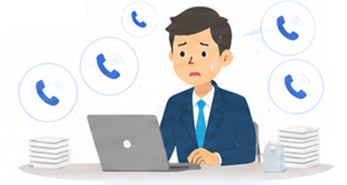 電話対応に追われて業務が中断している担当者のイメージ